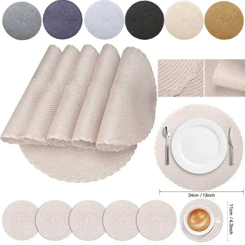 

Set of 6 Woven Round Table Mat with Coaster Heat-Resistant Non-Slip Placemats Washable Kitchen Decor Tableware Bowl Coffee Pads
