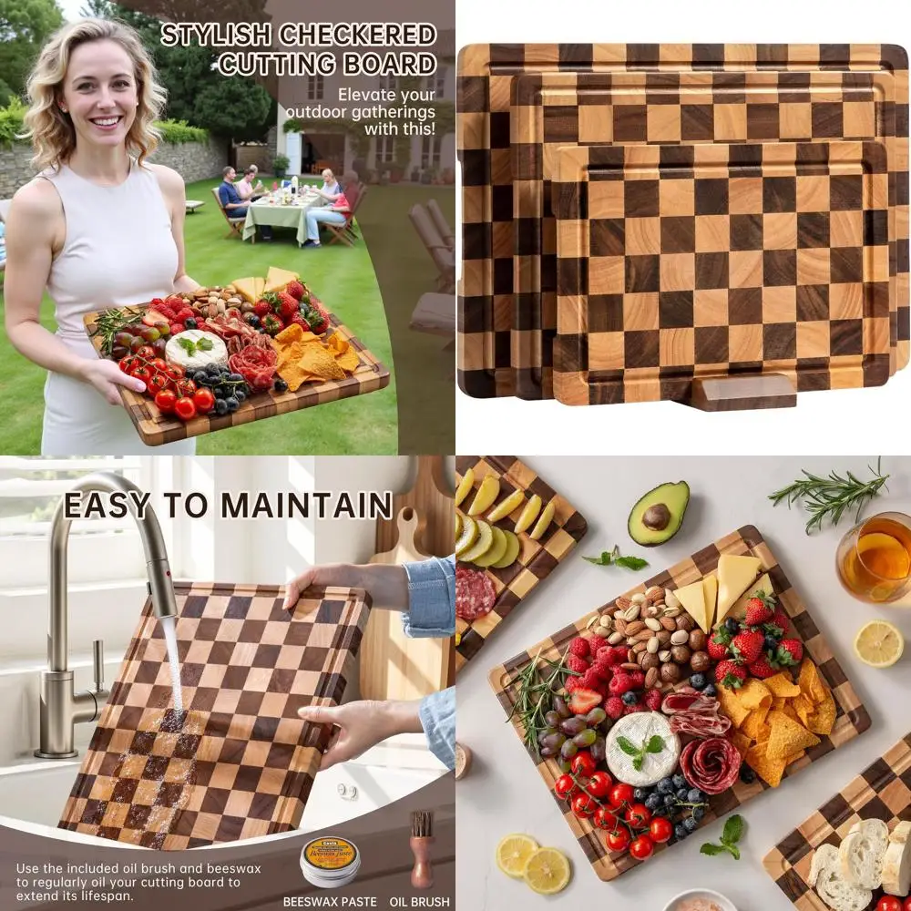 

Набор разделочных досок из 3 предметов из дерева акации с канавками для сока, ручками и сервировочным подносом для использования на кухне