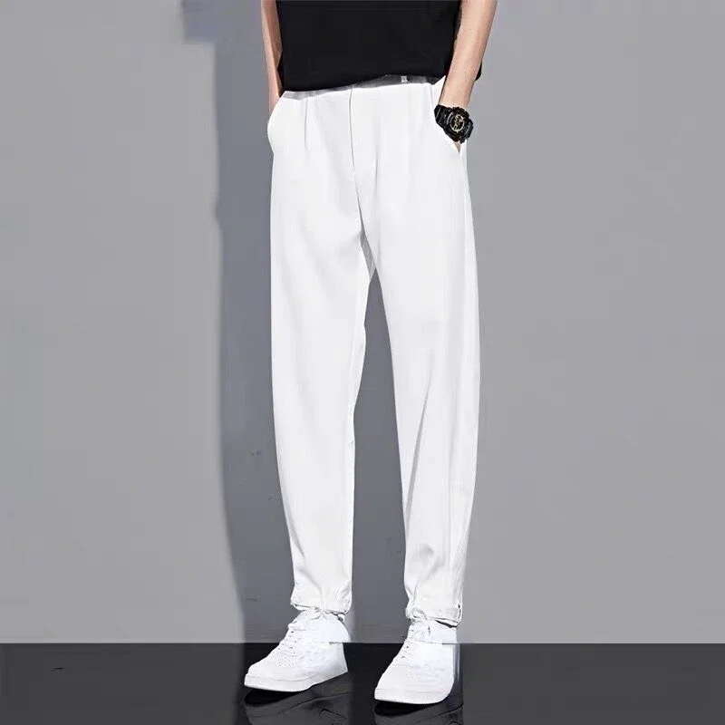 LIBIELIY Men's Summer Thin Casual Small Dress Pants, Korean Style Trendy New Ice Silk Fashionable All-match Loose Cuffed Pants M