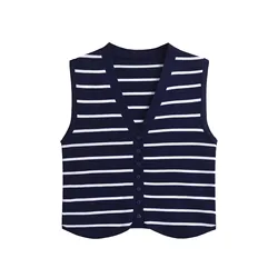 Striped Knitted Women Waistcoat Autumn V Neck Sleeveless Irregular Hem Cardigan Jacket Vest Crop Top Y2K