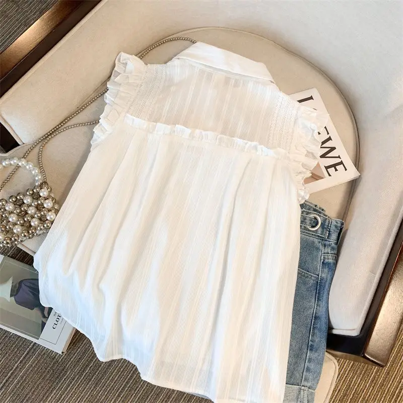 Women Blouses Sweet Sleeveless Solid Lace Ruffles Japanese Fashion Kawaii Students College Girls Comfortable Loose Summer Chic