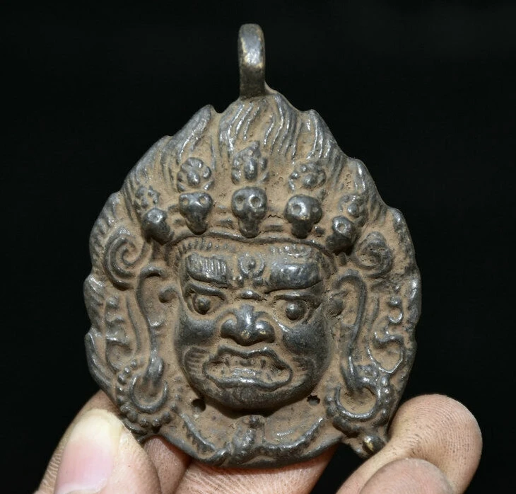 Old Tibet Bronze Mahakala Wrathful Deity Buddha Head Mask Amulet Pendant