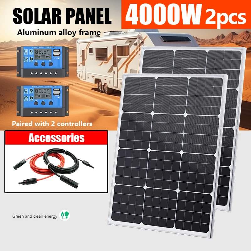 2000W 18V Portable Solar Panel High Efficiency Monocrystalline - Flexible Lightweight Generator for Home Camping RV Off-Grid