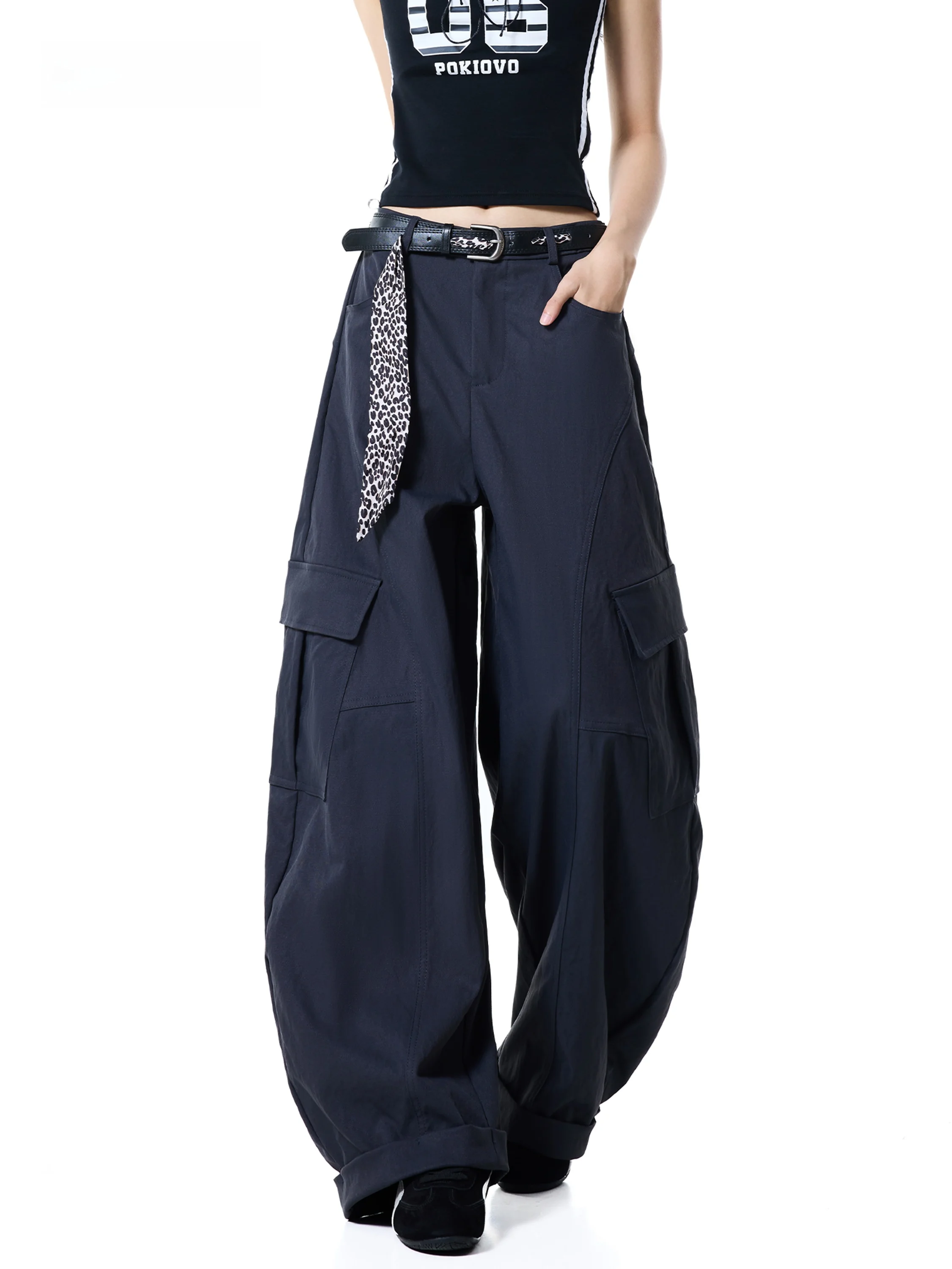High Waist Cargo Pants Women's Loose Leg Pants Casual Long Trousers with Leopard Print Belt Workwear Style Autumn New Arrival