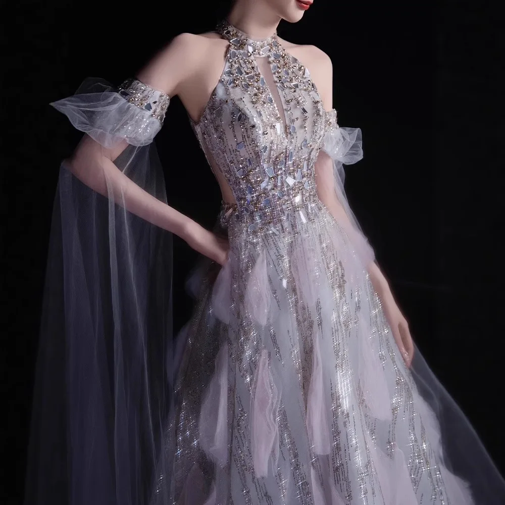 

Light Luxury Dresses for Women Party Banquet Gown Women Sequins Hanging Neck Sleeveless A-line Prom Dress Vestidos De Fiesta
