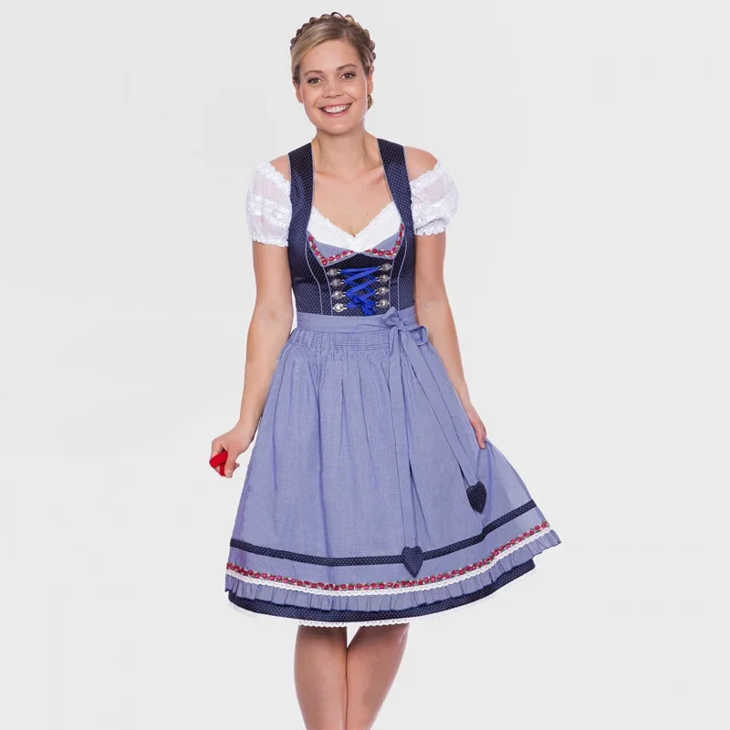 

Traditional German Plaid Dirndl Dress Apron Oktoberfest Costume Women Beer Wench Cosplay Halloween Fancy Party Dress