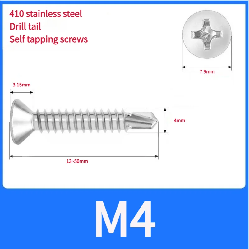 M3.5 M3.9 M4.0 M4.5 410 الفولاذ المقاوم للصدأ برغي حافر ذاتيًا برأس مسطح فيليبس برغي حفر ذاتي للصفائح المعدنية