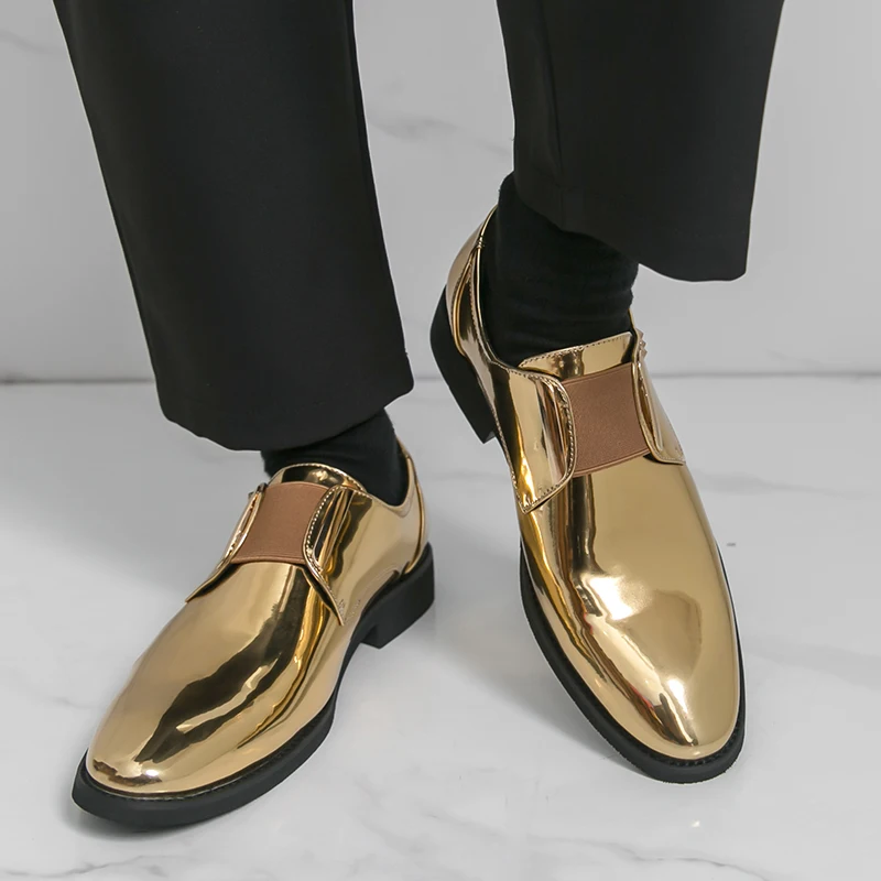 Men's Shiny Slip-On Loafers, Fashion Pointed Toe Casual Dress Shoes for Party Stage Performance