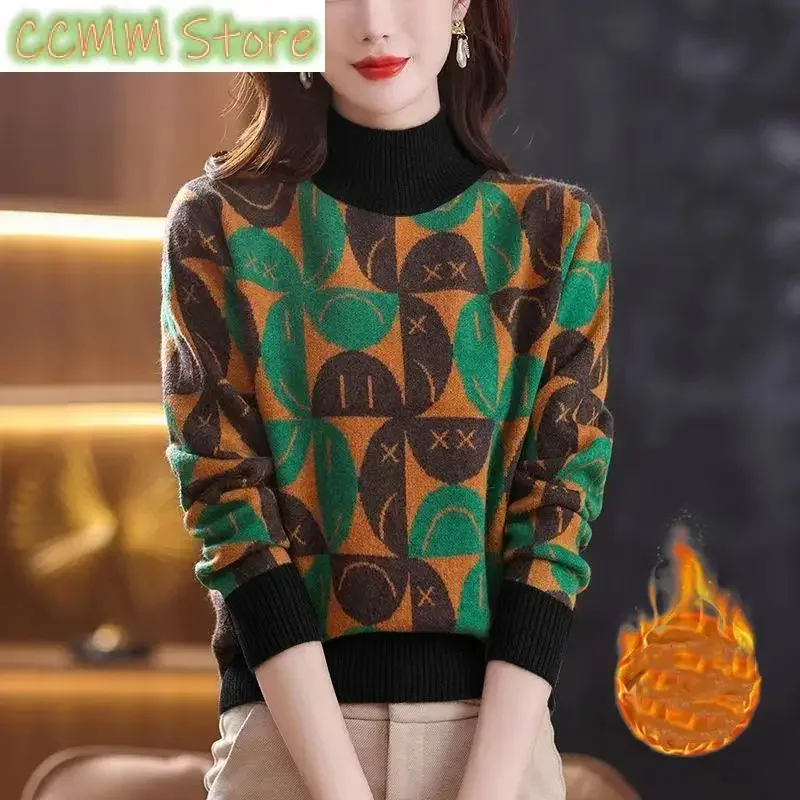 

New Korean Autumn Winter Plush Thickened Half High Neck Sweater Women's Print Screw Thread Patchwork Long Sleeved Warm Knit Top
