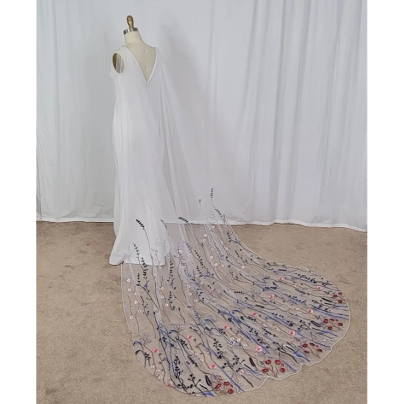 Floral Bridal Wedding Cape Draped Veils For Brides Wild Flowers Secret Garden Cathedral With Comb Royal Blue Flowers Red Leaves