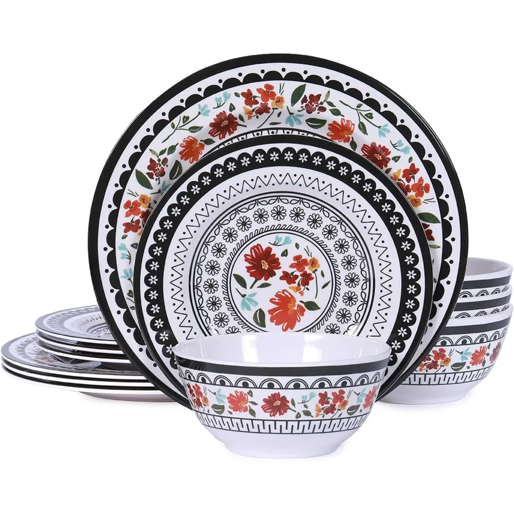 

Прочный меламиновый набор посуды из 12 предметов, идеально подходит для столовой в помещении и на открытом воздухе, можно мыть в посудомоечной машине, легкая посуда