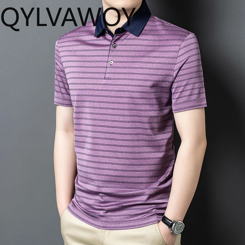 QYLVAWOY Men's Polo Shirts 100% Mulberry Silk T Shirts for Man Short Sleeve Shirt Loose Tops Lapel Summer Man Clothes Premium
