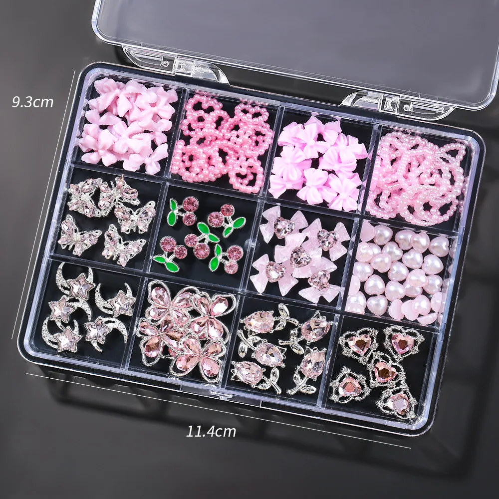 12Grids 3D Mixed Bow/Herz/Schmetterling Nagel Charms mit Diamant Legierung Band, Kirsche, Mond Nail art Dekorationen DIY Maniküre Teile &