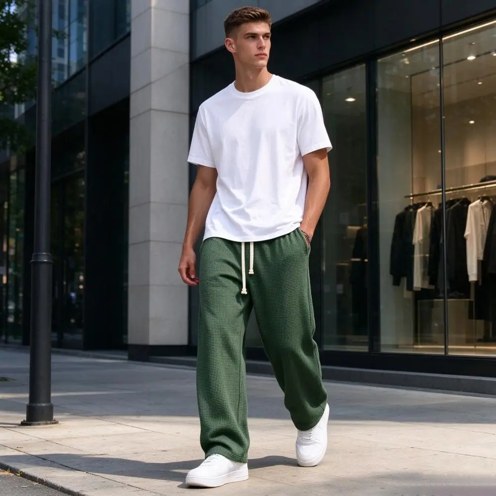 Loose Fit Men Trousers Modern Minimalist Men Trousers Men's Waffle Baggy Trousers Wide Leg Drawstring Waist Slacks for Travel