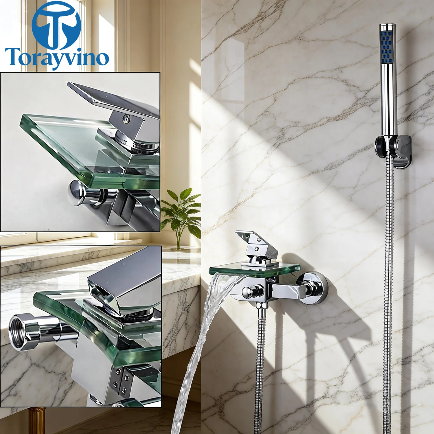 

Torayvino Bathroom Shower Faucets chuveiro Square Wall Mounted Glass Bath Handheld Shower Tap Mixer Waterfall Spout Bathtub taps