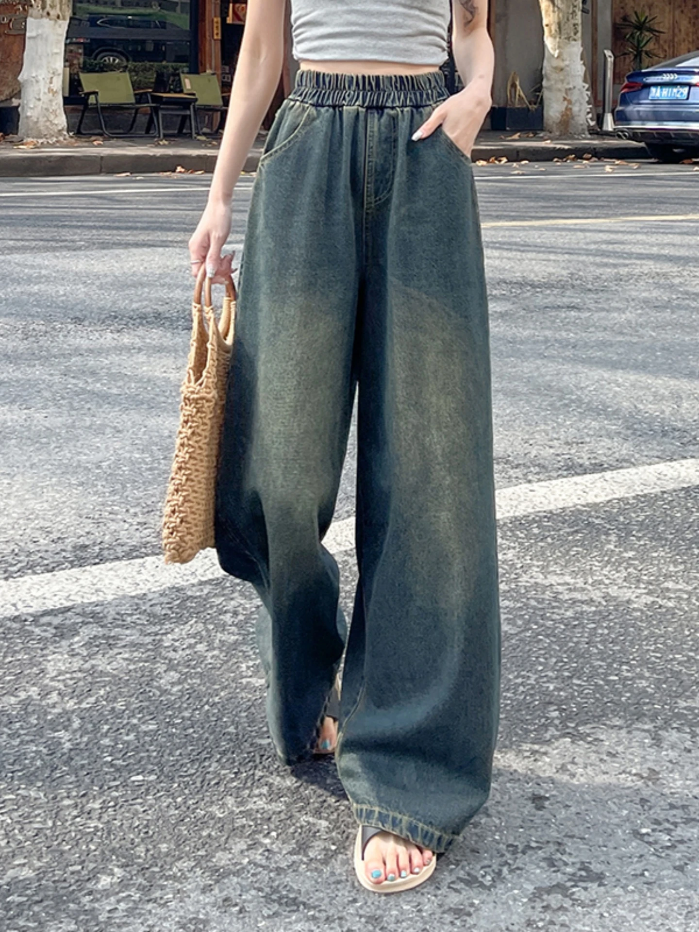 

Retro Blue Denim Flared Pants Women's Spring Autumn plus Size Loose Wide Leg Floor Length Trousers Casual High Waist Jeans