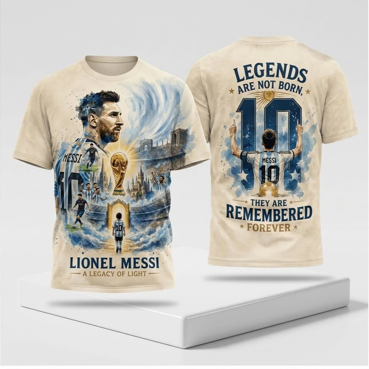 Lionel Messi Double Sided Pattern T-shirt Legend Is Not Born Pure Cotton Commemorative for Male and Female Football Fans