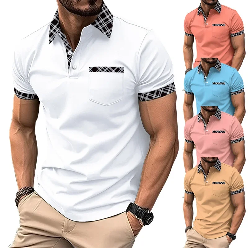

Men New Polo Collar T Shirts Short Sleeve Smart Casual Shirts Business Pullover Summer 2025 Pockets Patchwork Slim Fit Buttons