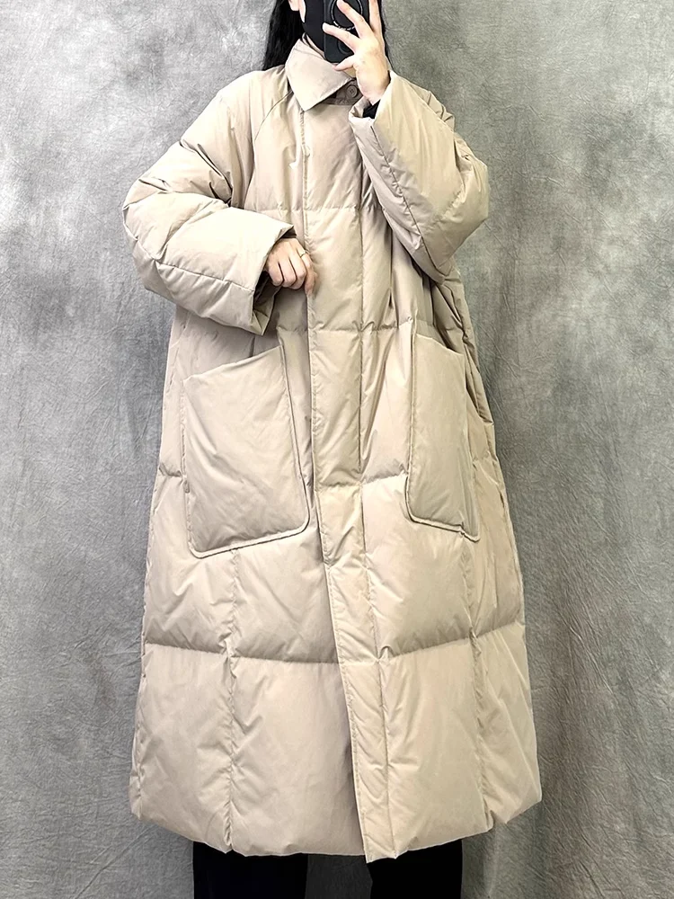 Winter Warm Coat Fashion 90 Duck Down Down Jacket Suit Collar Single-breasted Design 2024 New Loose Leisure Long Women's Coat