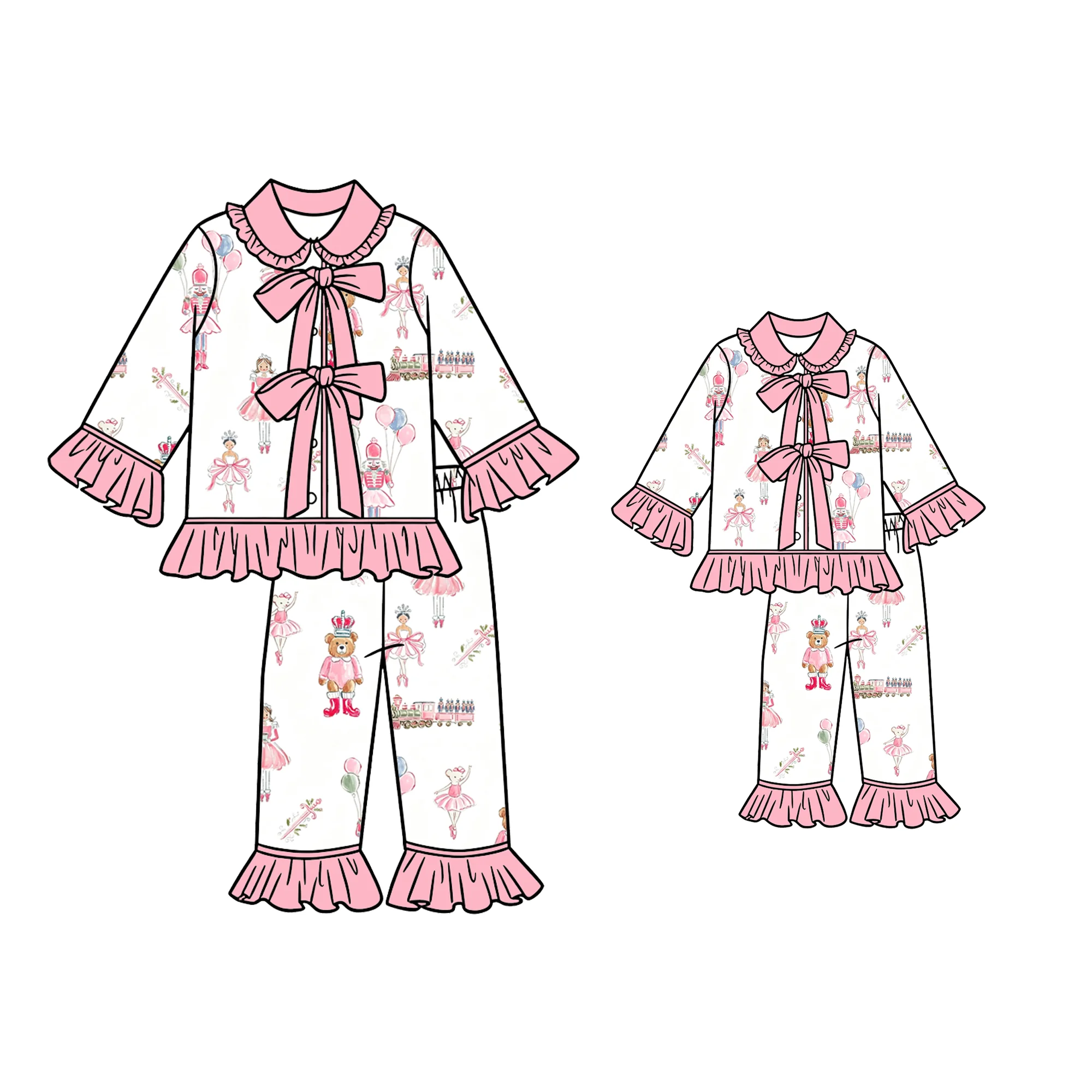 New Mommy And Me Clothing Pink Ballerina Nutcracker Santa Claus Print Long Sleeve Top Pants Set Kids Xmas Outfits