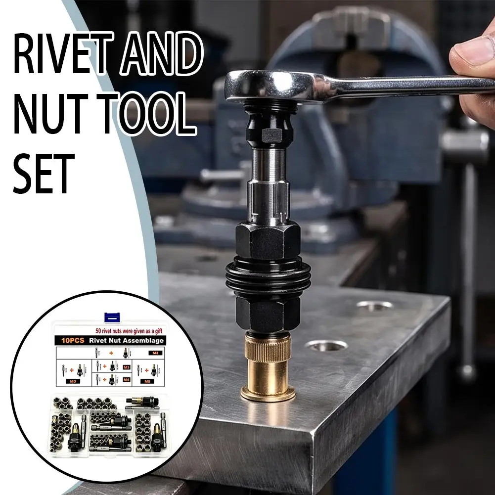 M3-M8 Rivet Nut Tool Kit Carbon Steel Rivnut Set Threaded Nut Head Adapter for Electric Drill Manual Riveting 50 Nuts Included