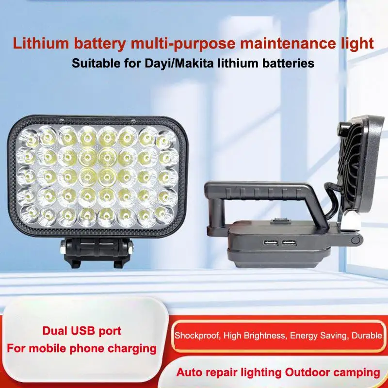 Rechargeable LED Work Light with Lithium Battery Dual USB Charging High Low Beams for Construction Site Yard Lighting