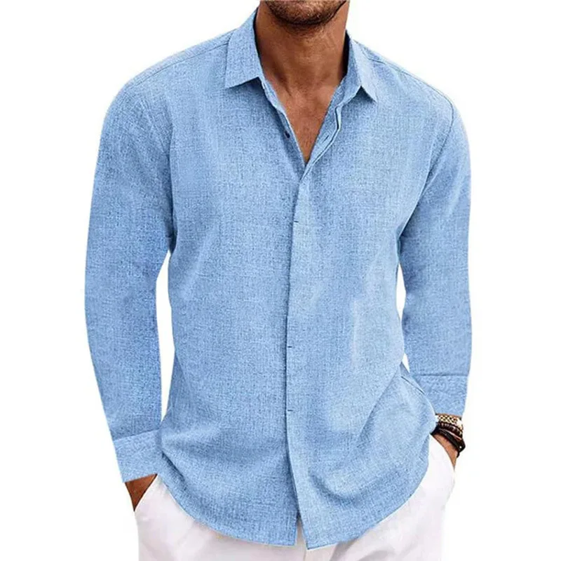 

Summer solid color Cotton linen selling Men's long sleeve shirt lapel casual beach style long Sleeve Top camisa social masculina