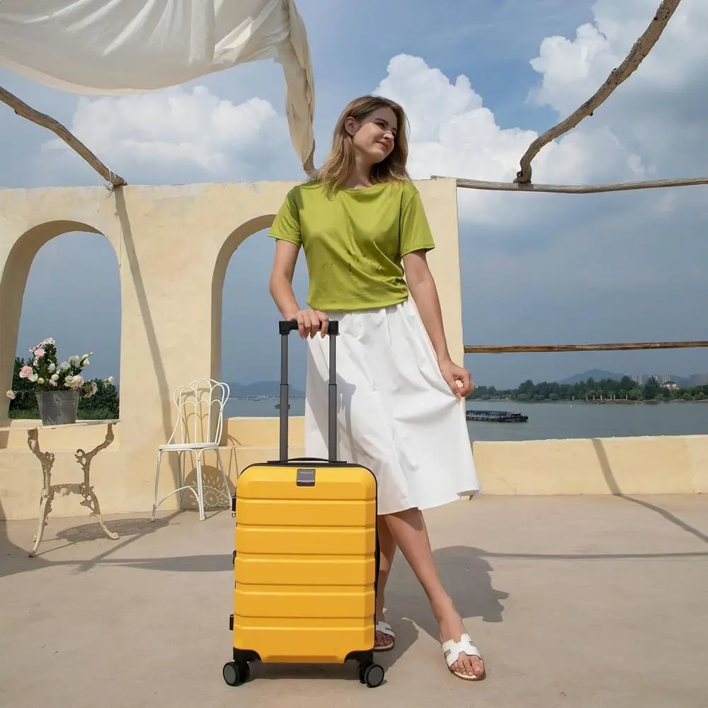 Expandable 20-Inch Yellow Hardshell Luggage with Spinner Wheels, Built-in TSA Lock, and USB Port