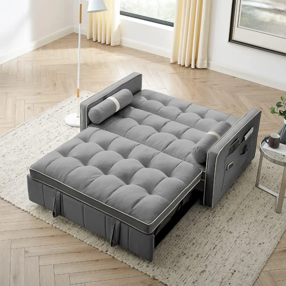 

55.5 in Sofa Bed, Small Tufted Velvet, Convertible Double with Pull-Out Bed, Adjustable Backrest, Easy Assembly, Sofa Sleeper