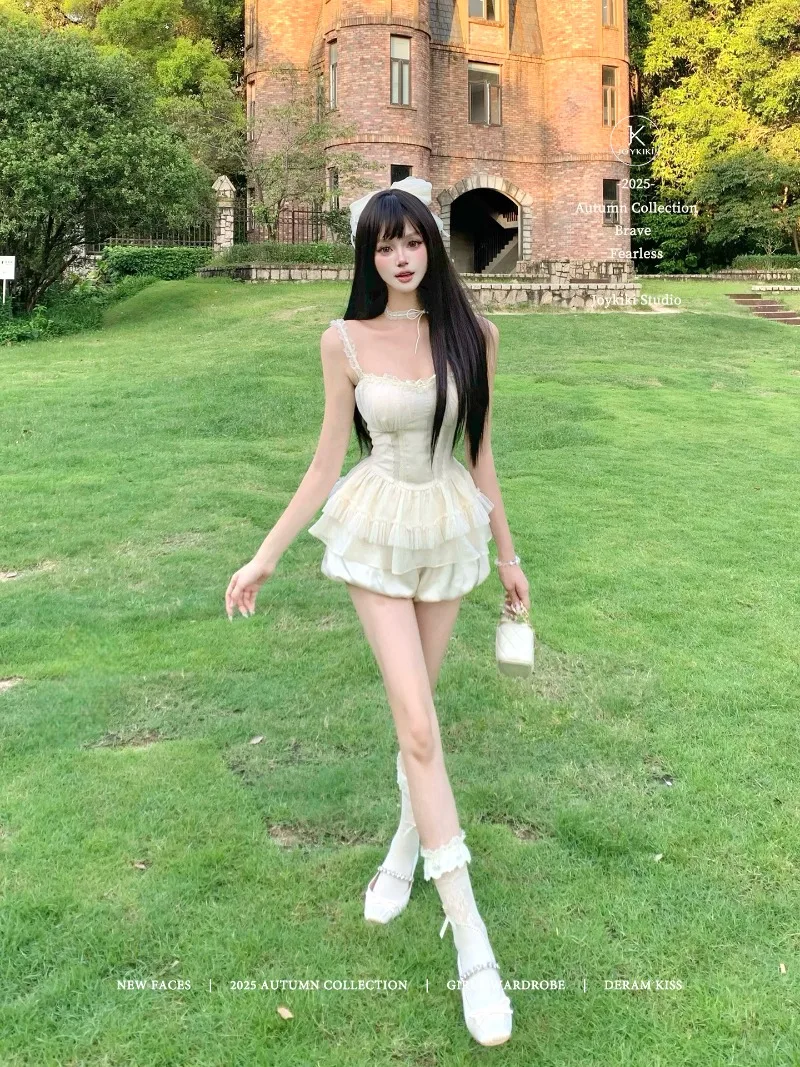 2025 Autumn Princess Style Lace Trim Slimming Camisoles Hot Girl Top And Shorts For Women's Kawaii Clothes Y2k Boat Neck Slings