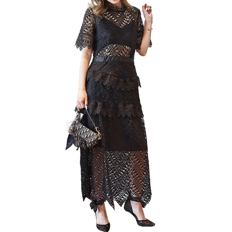 Vintage Maxi Dress Women Hook Flower Hollow Summer O-neck Elegant Lace Long Dresses Women Vestidos Short Sleeve Fall