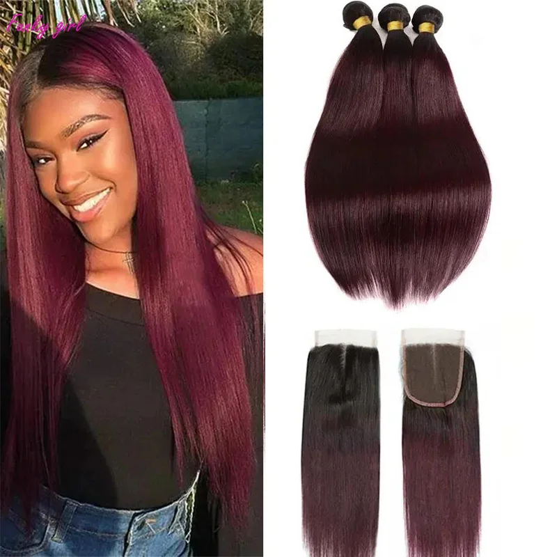 Super Sale 1B/99J Straight Bundles With Closure Human Hair Ombre Burgundy Colored Hair Bundles With Transparent Lace Closures