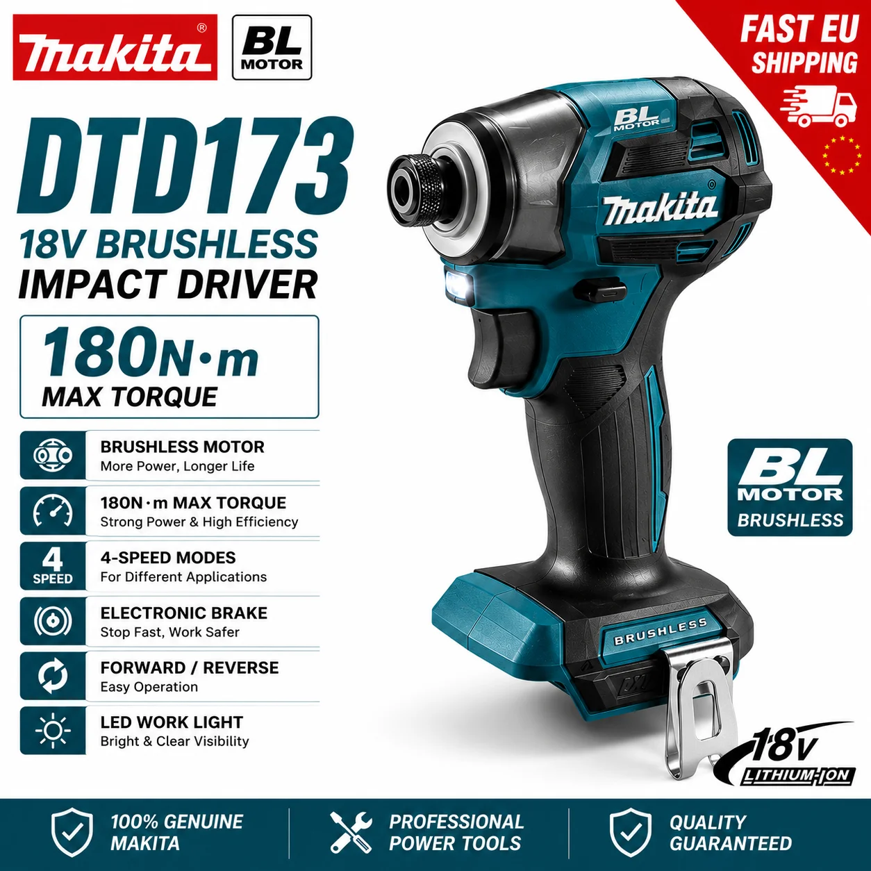 Makita DTD173 18V Akku-Schlagschrauber Bürstenloser Elektrobohrer 180N·m mit BL1860 BL1850 BL1840 6,0Ah Akku EU-Lager