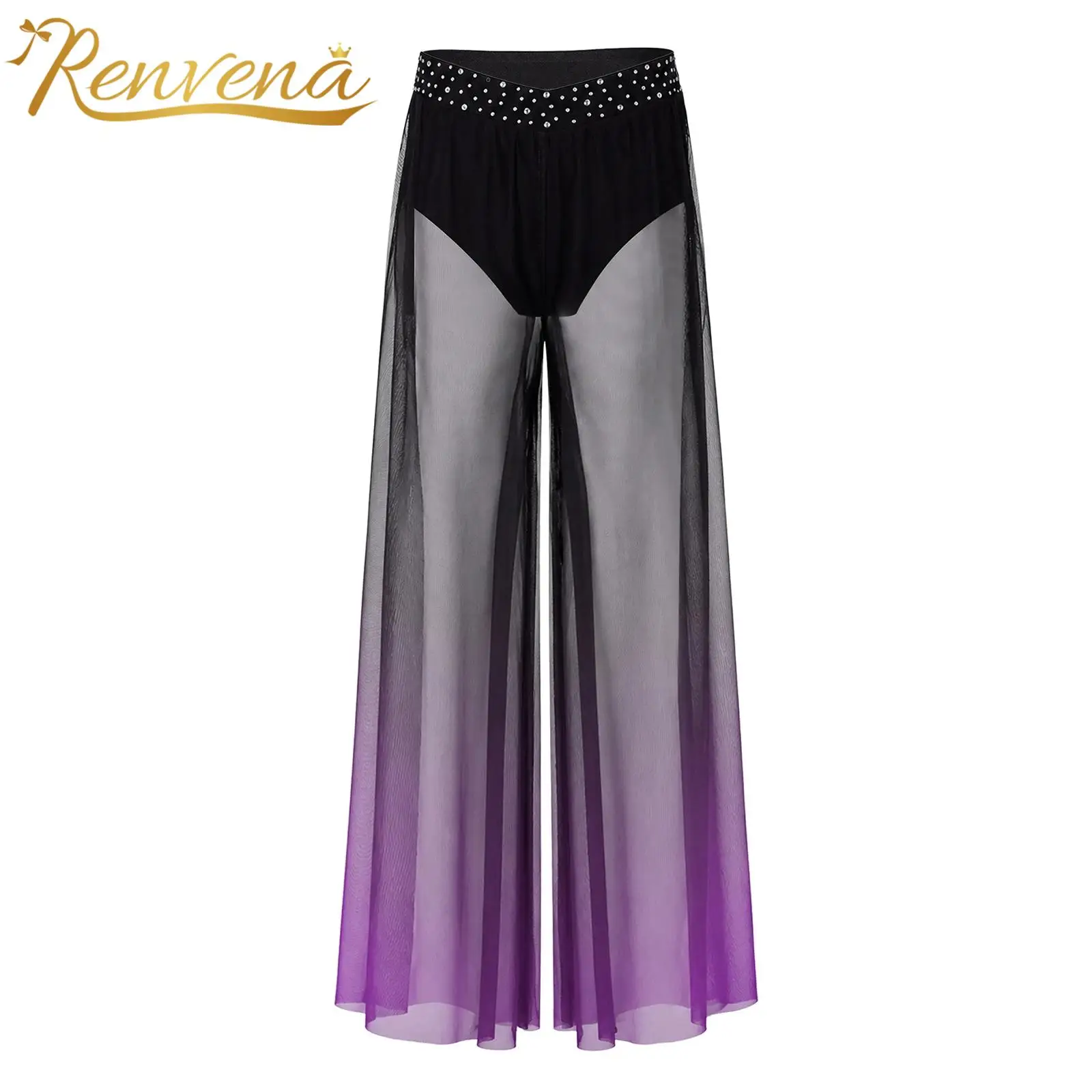 Kids Girls Elegant Lyrical Dance Costume Childs Slit Wide-leg Mesh Pants Gradient Color Pants V-front Trousers Modern Dancewear