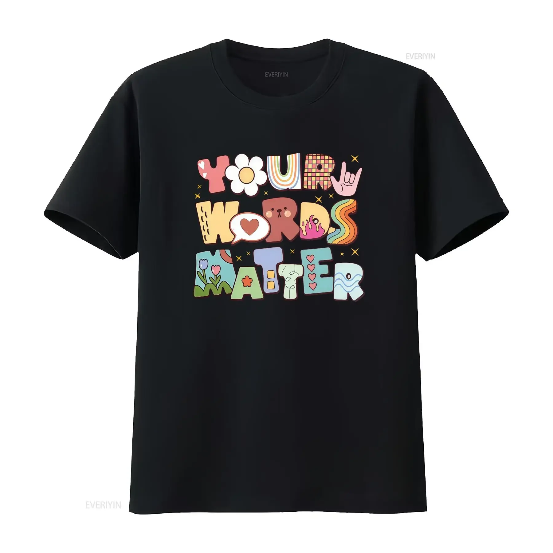 Retro Groovy Cartoon Your Words Matter Positive Slogan Colorful Print Casual T Shirt vintage Washed Stylish homme Versatile