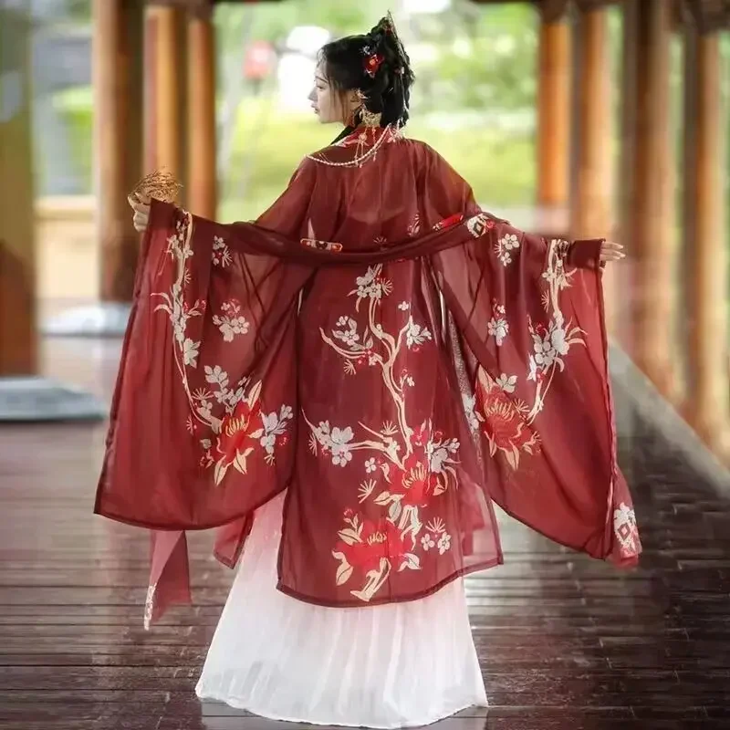 Chinese Hanfu Dress Women Traditional Vintage Tang Dynasty Hanfu Cosplay Costume Elegant Dance Dress Hanfu Gradient Red 3pcs Set