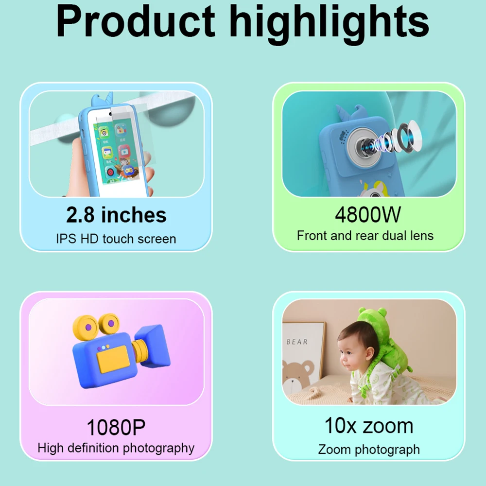 Kids Smart Phone Video Music Player 2.8'' IPS Mini Toy Phone Camera Games Learning Recording Educational Toys Children Gifts