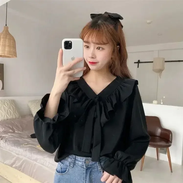 Blouse Women Shirt V-neck Bow Long-Sleeved Red Shirt Spring and Autumn Chiffon Top Blusas Mujer