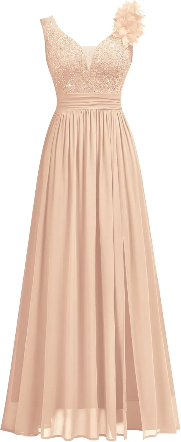 Damen-Abendkleid im Vintage-Stil, V-Ausschnitt, ärmellos, mit Pailletten, geteilt, elegant, formelle Partykleidung