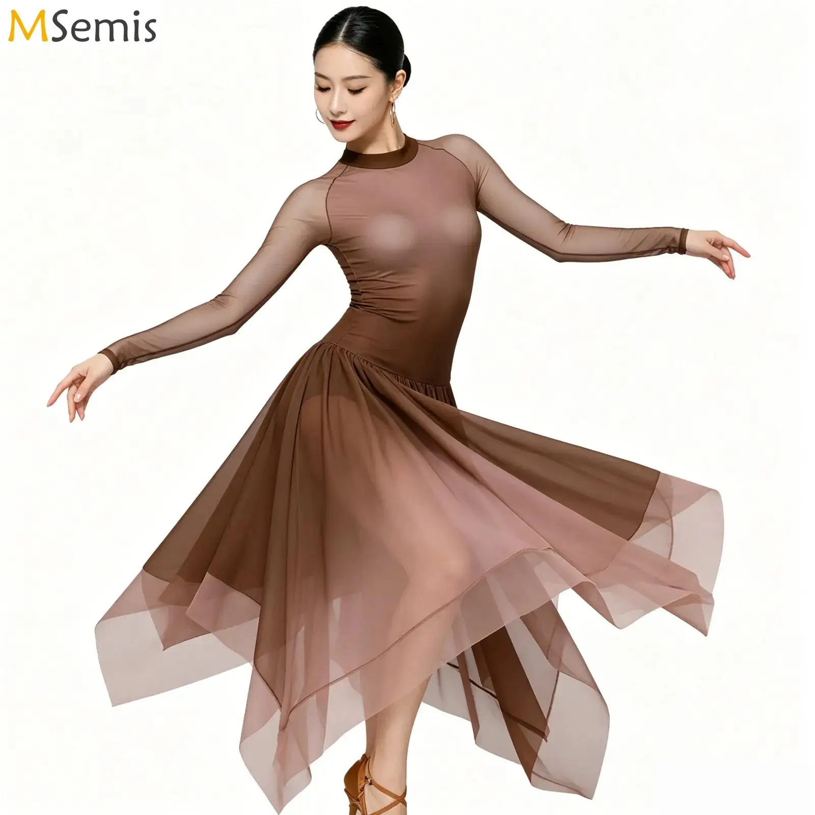 Women Gymnastics Leotards Figure Skating Ballet Lyrical Dance Costume Gradient Dress Mesh Long Sleeve Back Keyhole Leotard Dress
