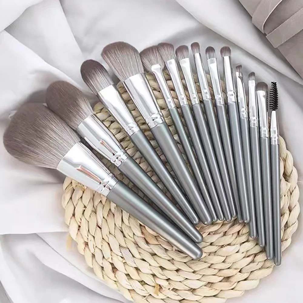14 stuks zilveren make-up kwasten set poedergrijs blush concealer foundation oogschaduw eyeliner oogcosmetica gezicht schoonheidstools