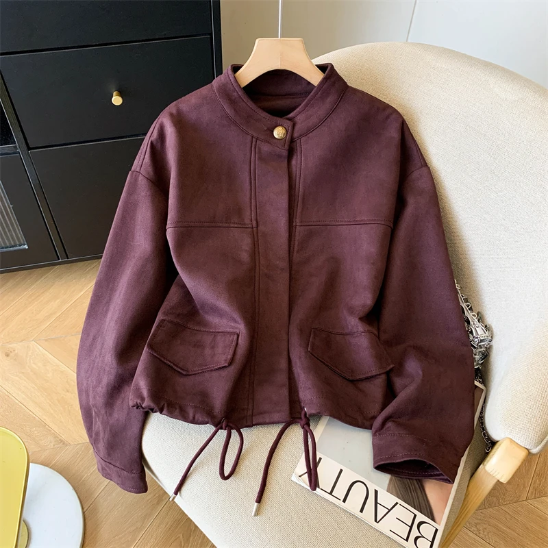 Women's Suede Jacket for Autumn Drop Shoulder Loose Casual Style with Drawstring Hem