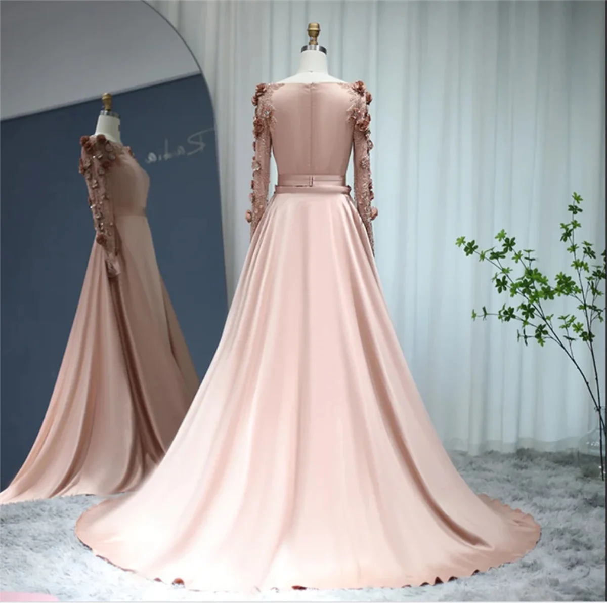 Women's Long Sleeve Round Neck Satin Evening Dress Shoulder Three-Dimensional Flower Beads Elegant Party Formal Occasion Dress