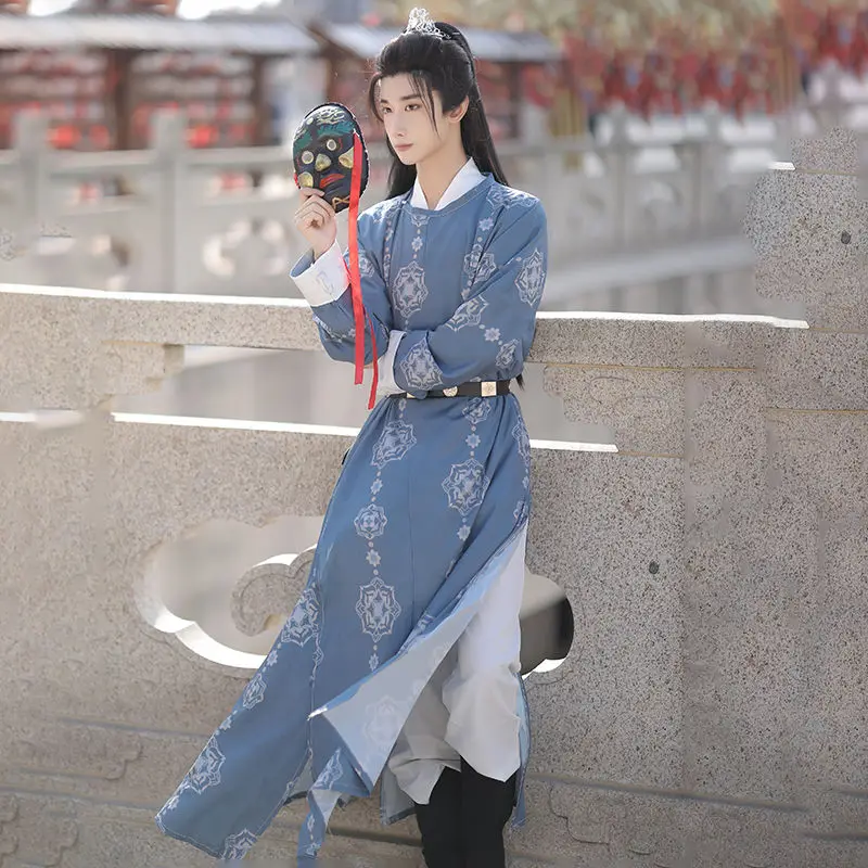 

New ancient Han suit men women's Tang Dynasty printed round neck gown Han suit couple spring autumn Han suit gown