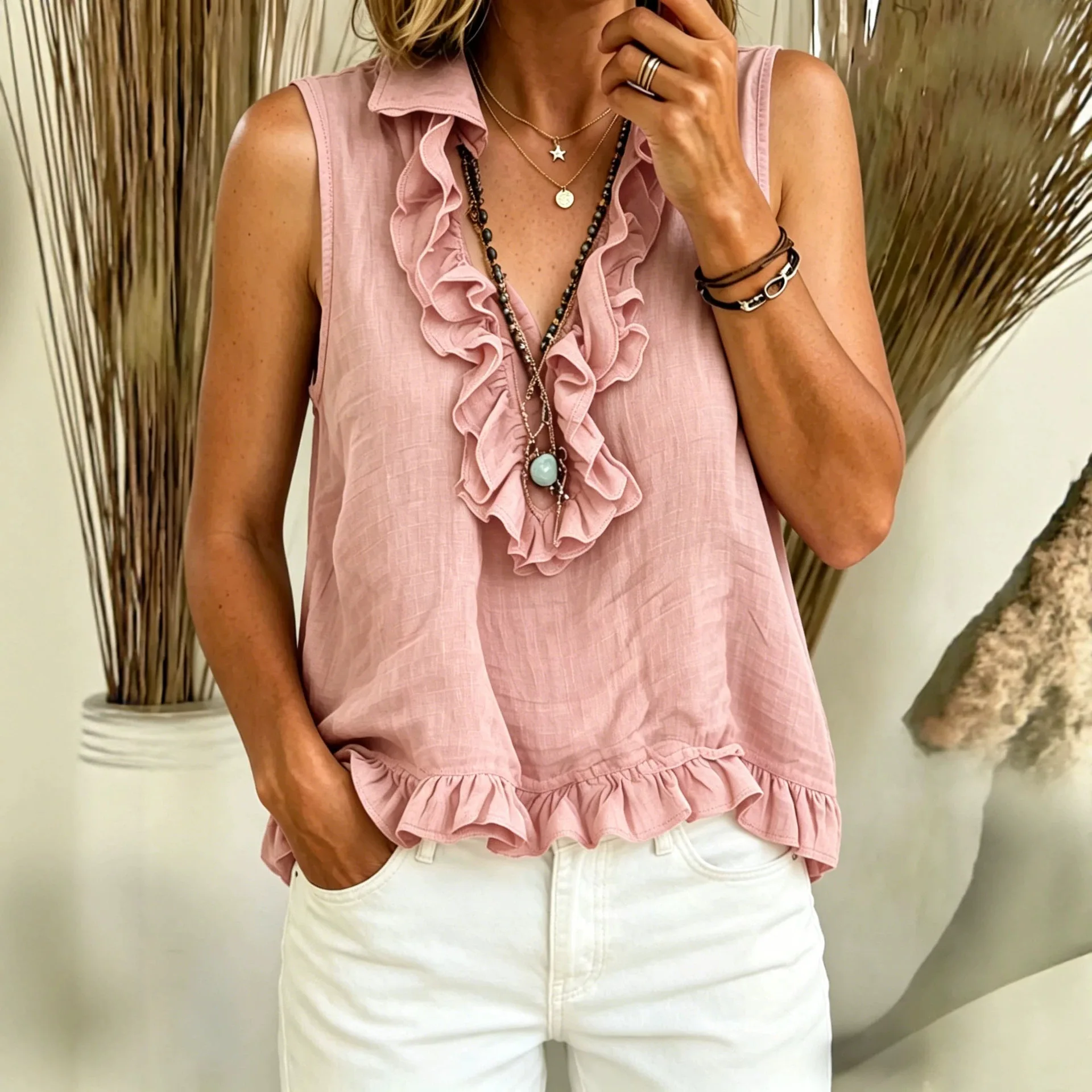 Casual Loose Ruffles Shirts Tops For Women Fashion V-neck Sleeveless Solid Tank Top Summer Holiday Blusa