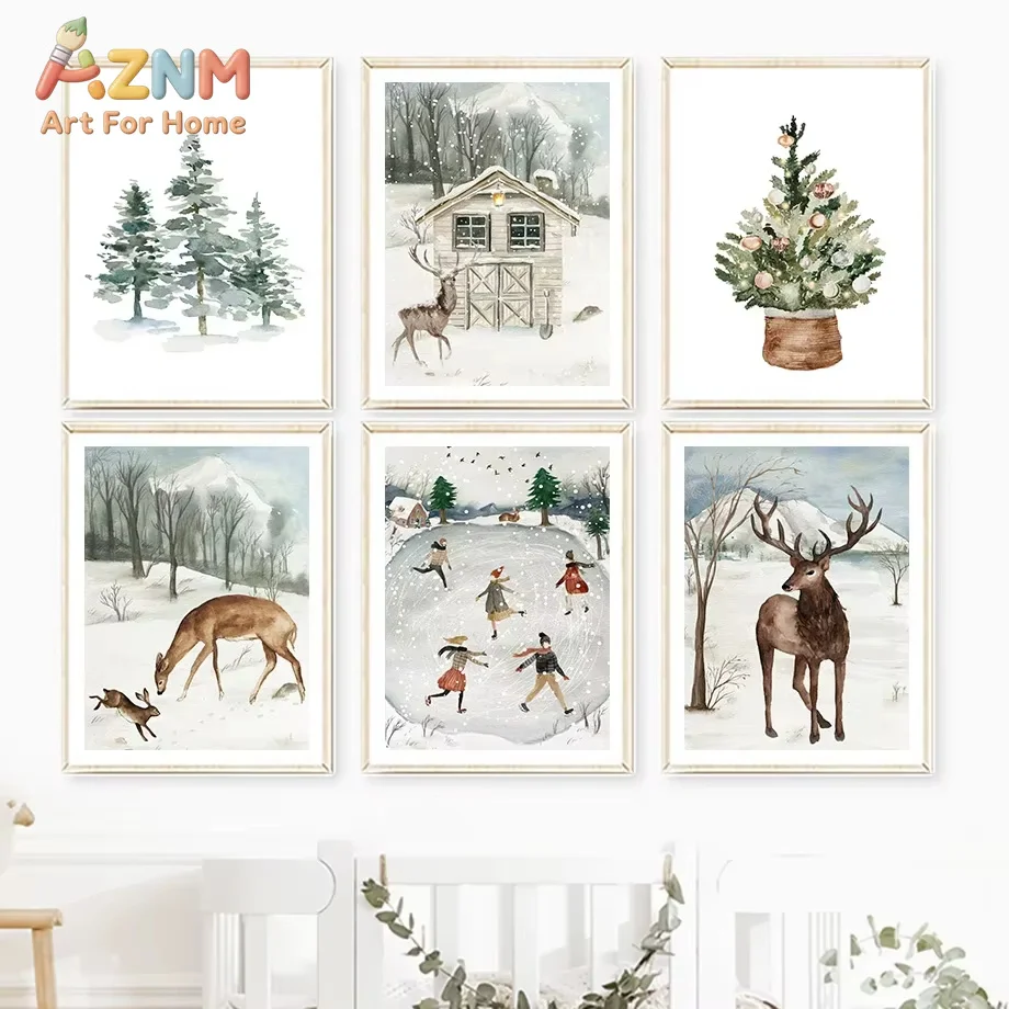 Deer Rabbit Bird Christmas Pine Tree Winter Wonderland Wall Art Canvas Painting Posters And Prints Wall Pictures Kids Room Decor