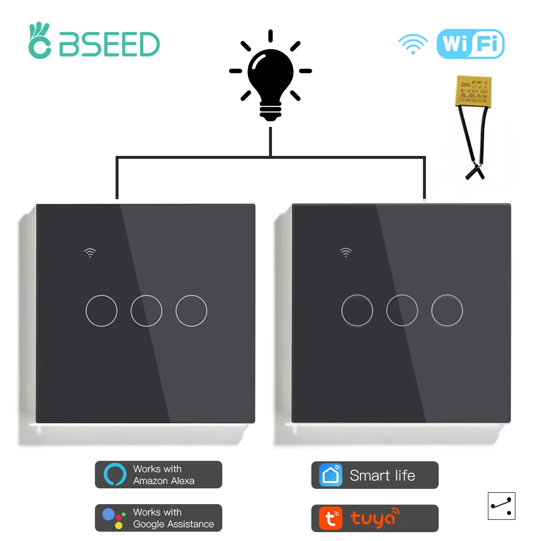 BSEED 1/2/3Gang Wifi Touch Schalter Mit Kondensator 2Way Für Treppen Korridore Lampen Tuya Smart Leben Alexa App Steuerung 2Pack 6