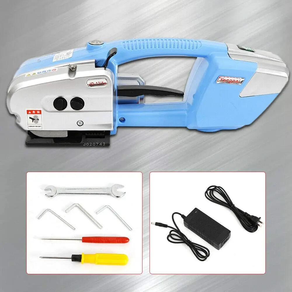 Máquina flejadora eléctrica para correa de PP/PET de 1/2-5/8 de pulgada de ancho, herramienta automática con paleta de caja de fusión en caliente de dos baterías de 4000mAh P