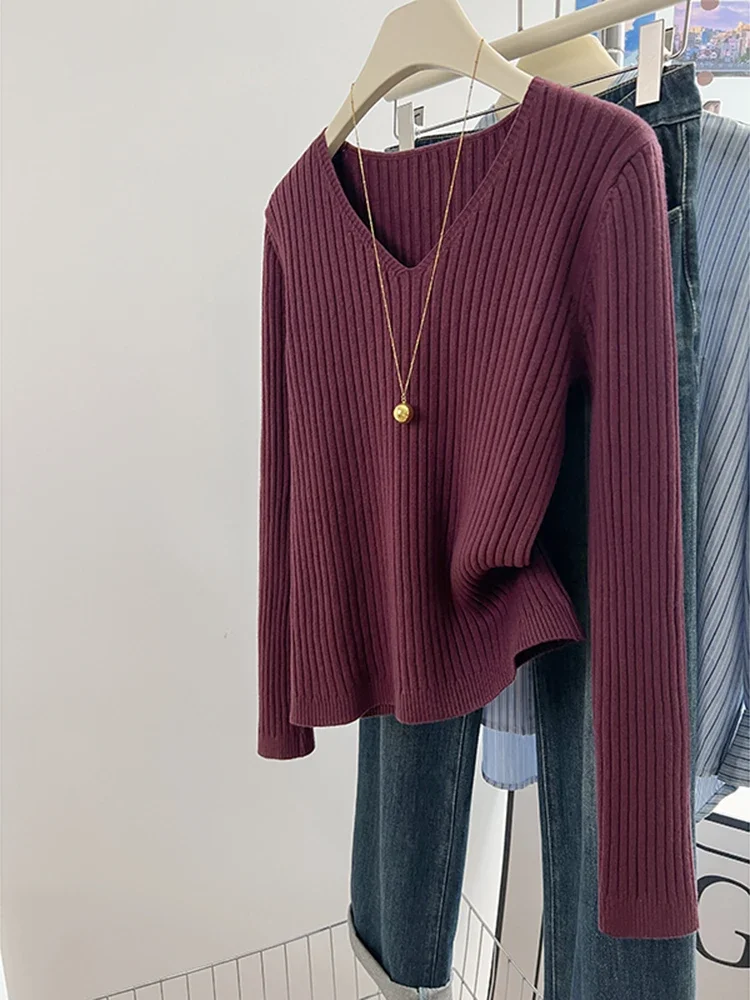 

Осенне-зимние женские свитера с длинным рукавом и v-образным вырезом, вязаные топы Femme, базовый однотонный модный пуловер, свитер