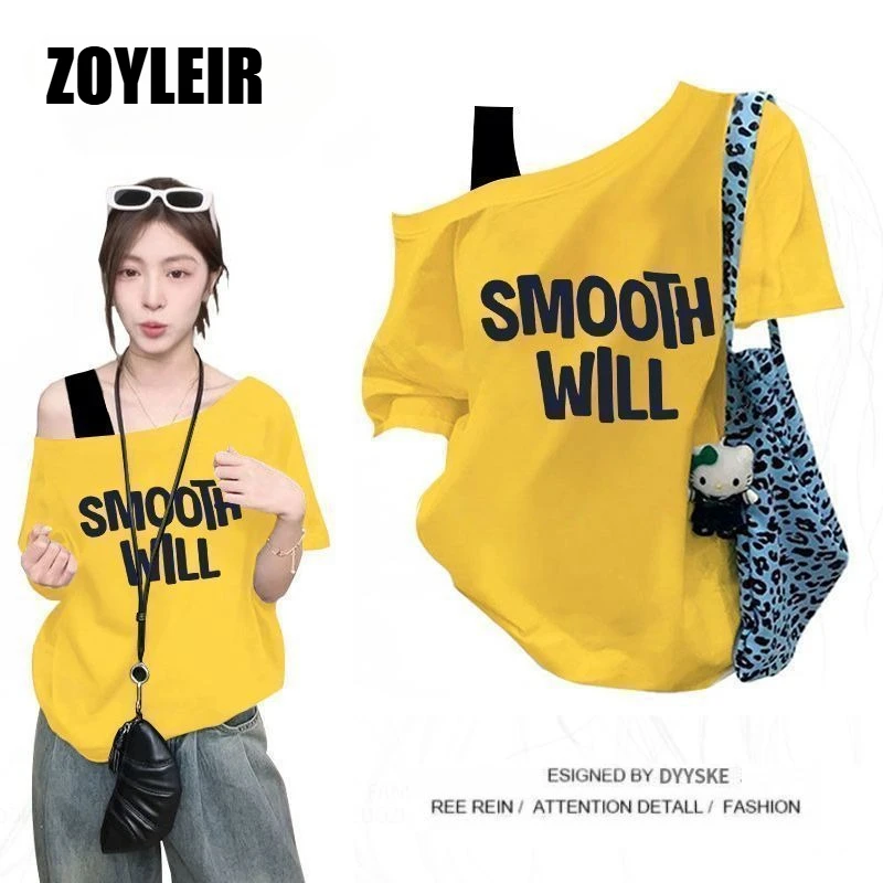 Elegant Summer One Shoulder T Shirt Women Fake Two-piece Oversize Graphic T Shirts Short Sleeve Off Shoulder Top Sport Casual image 5